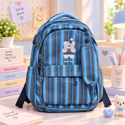 Sweet Bear blue stripe backpack lifestyle view