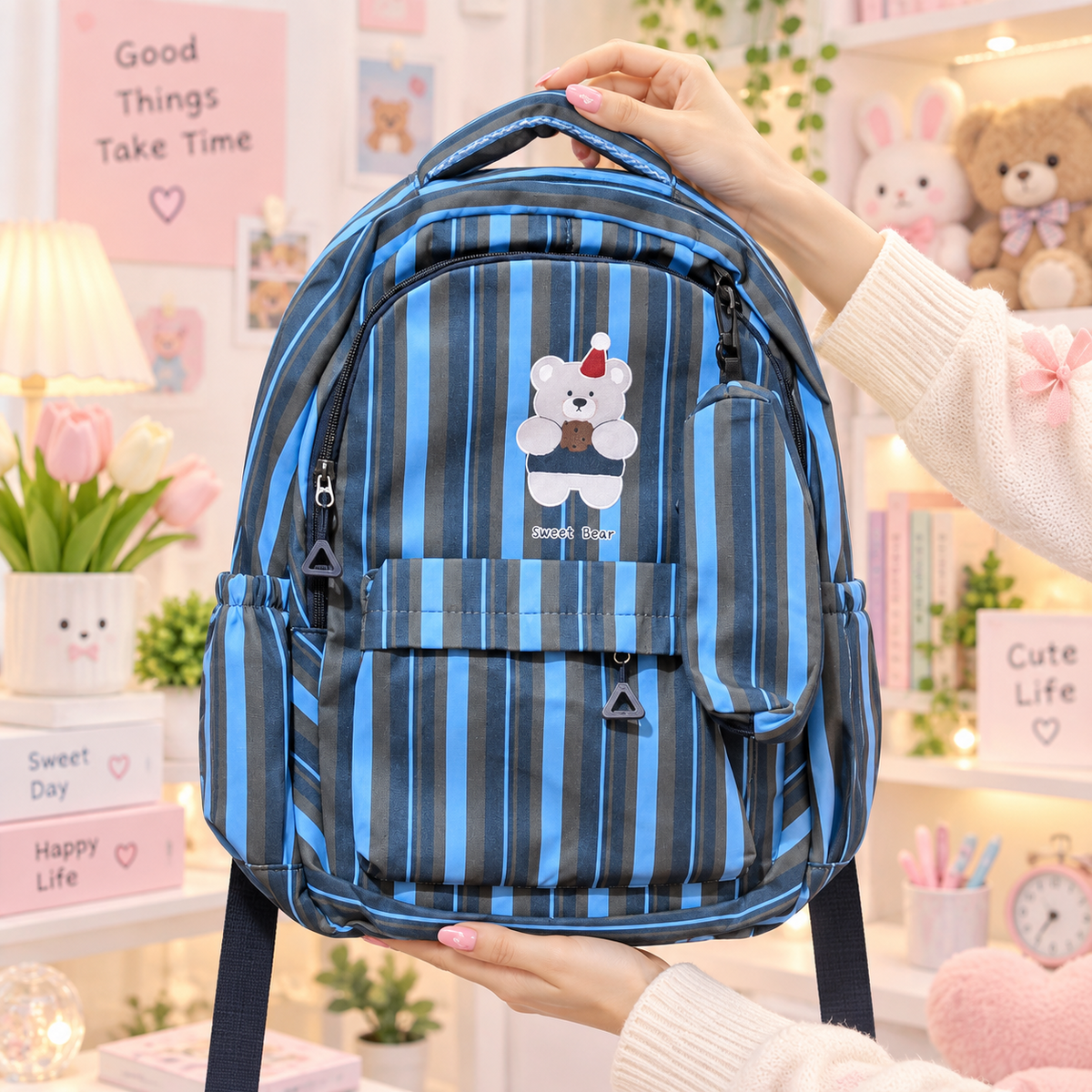 Sweet Bear blue stripe backpack product view