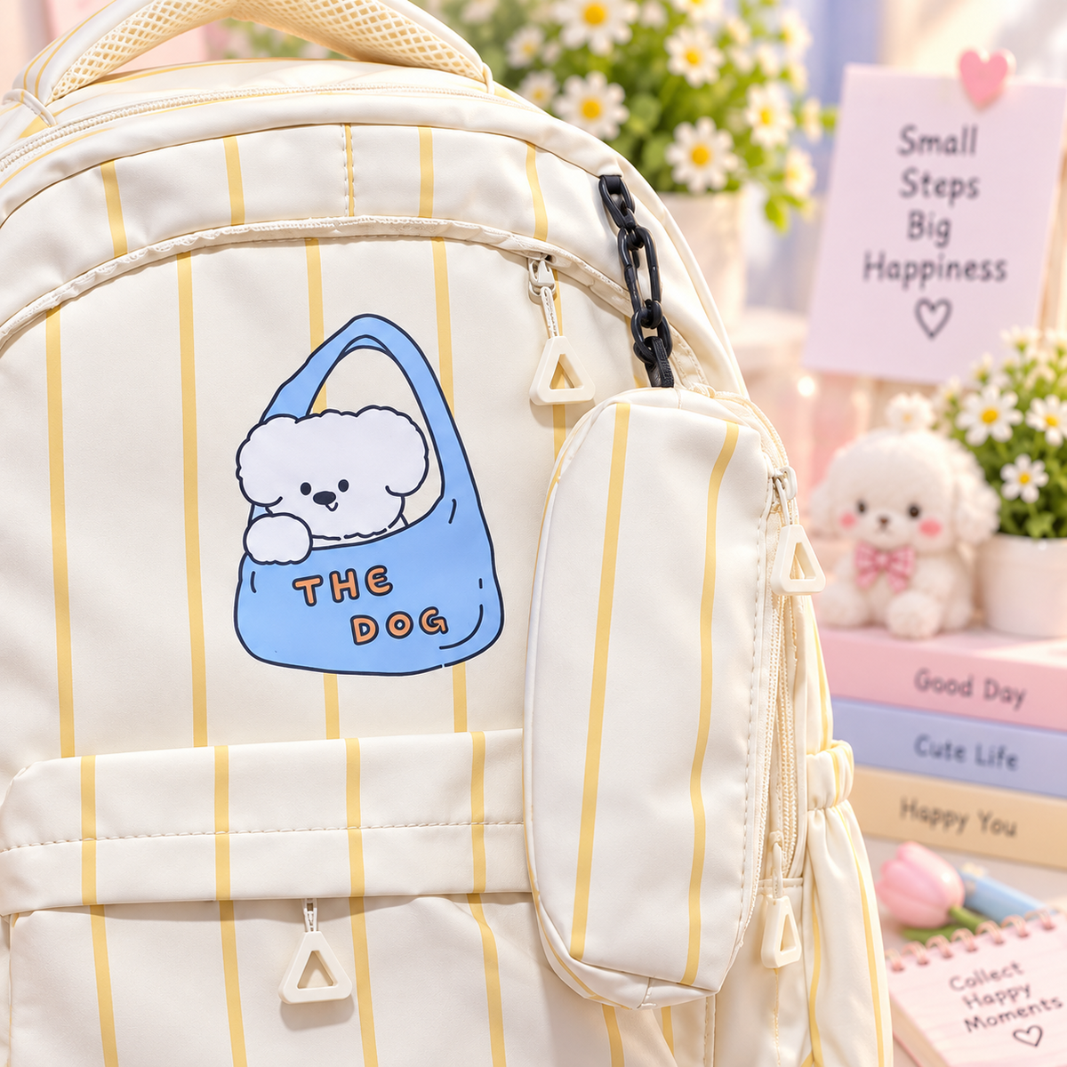 The Dog yellow stripe backpack detail