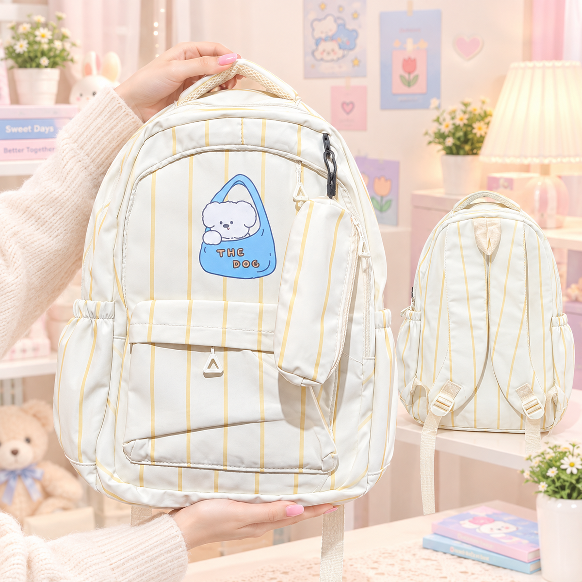 The Dog yellow stripe backpack lifestyle view