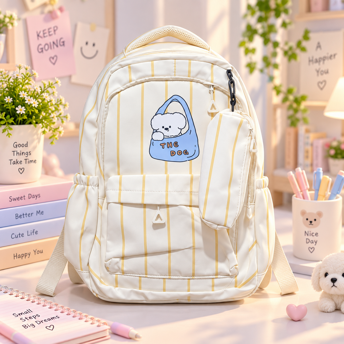 The Dog yellow stripe backpack front view