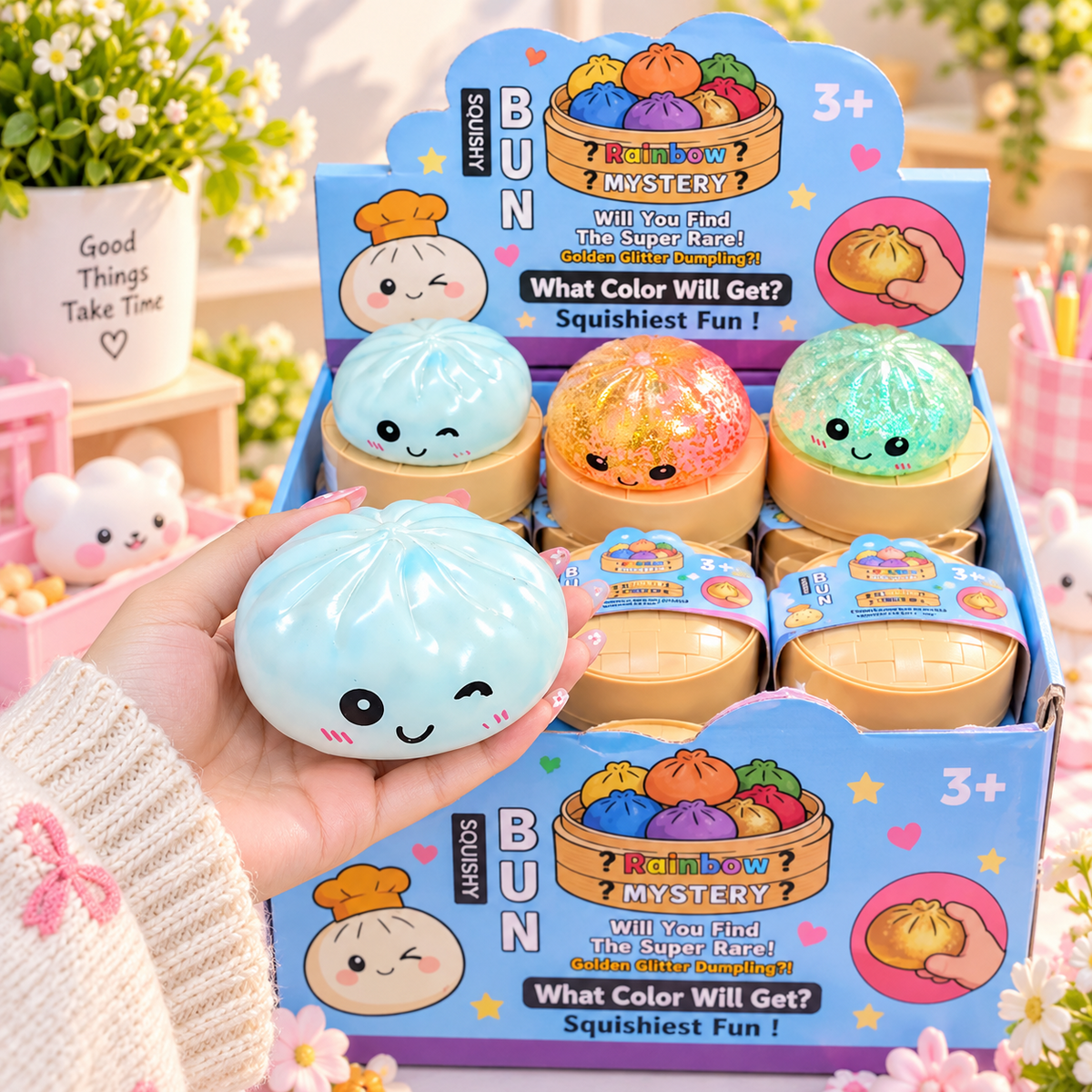 Rainbow Mystery Dumpling Squishy - in hand
