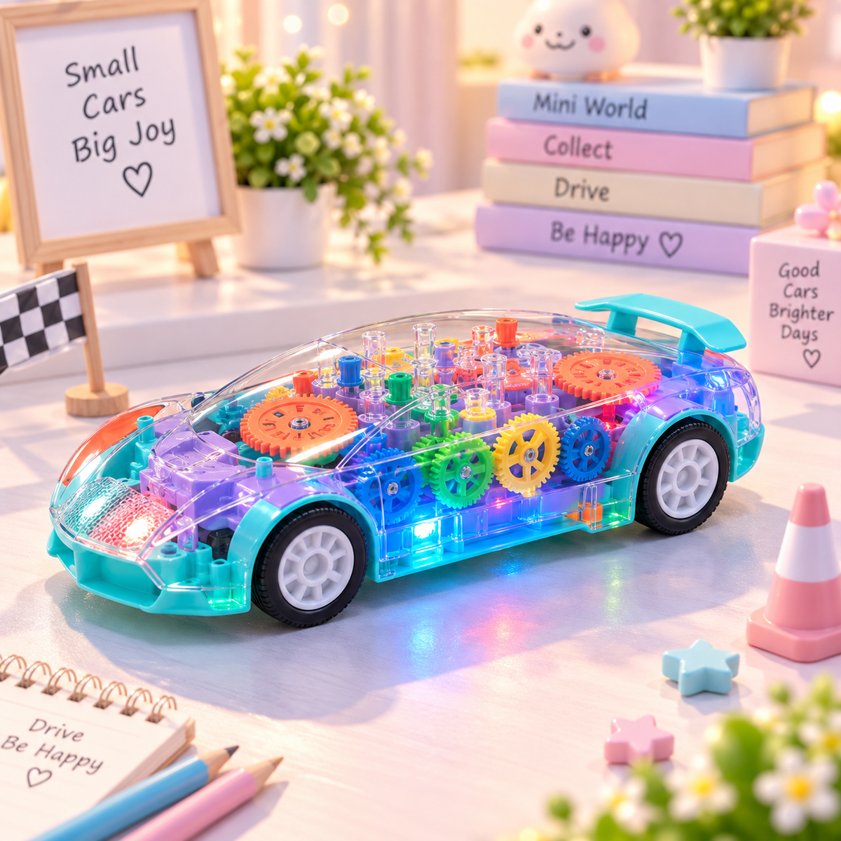 Transparent LED Gear Car Toy — side detail