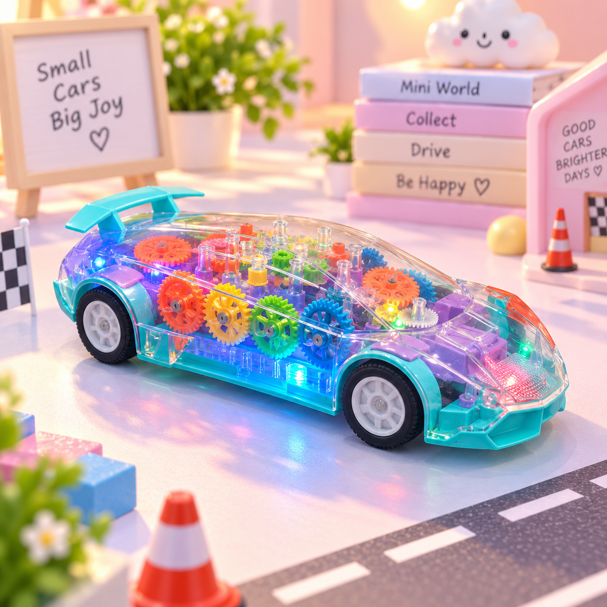 Transparent LED Gear Car Toy — product detail collage